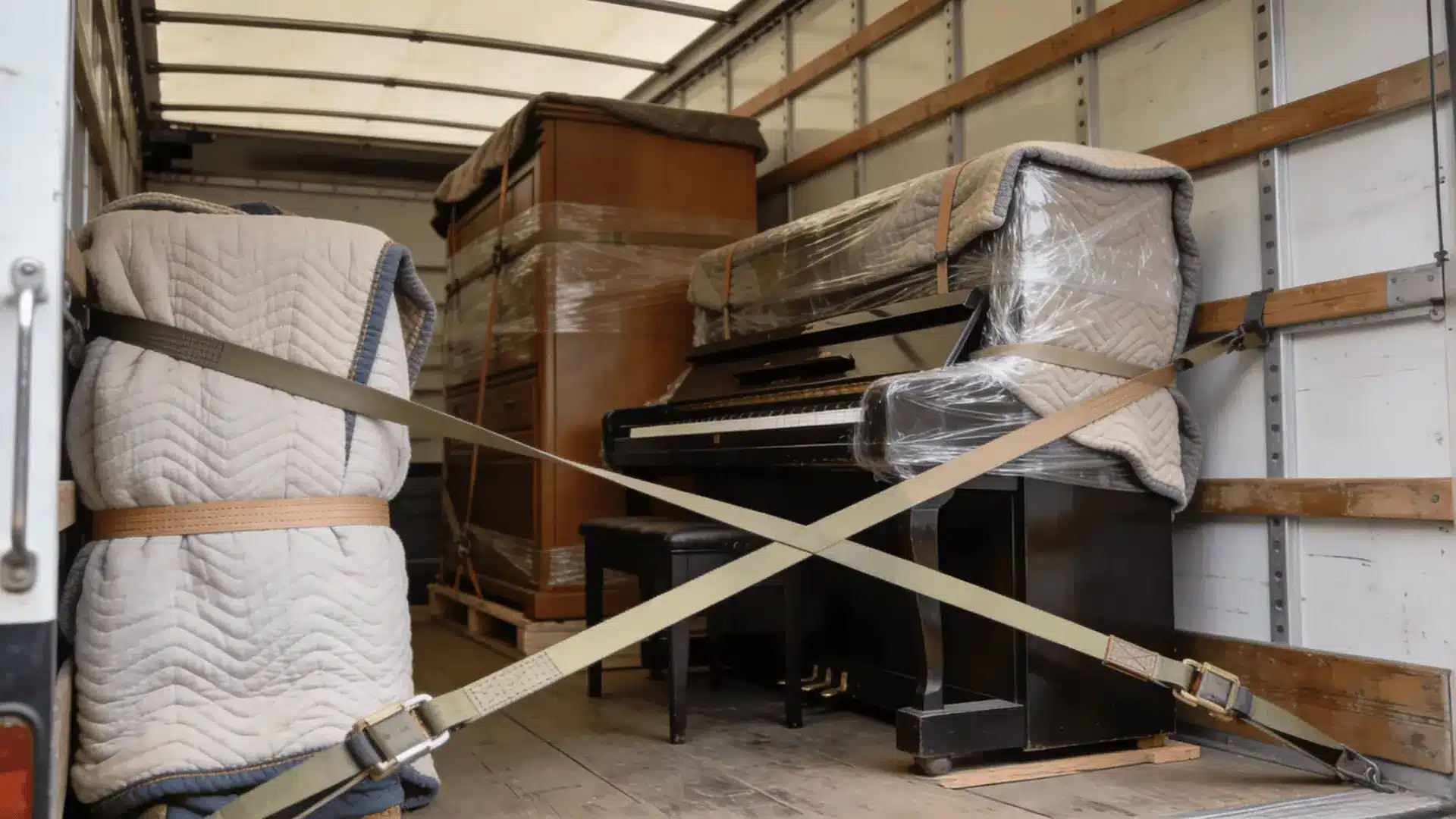 Wrapped piano and large furniture secured inside a moving truck