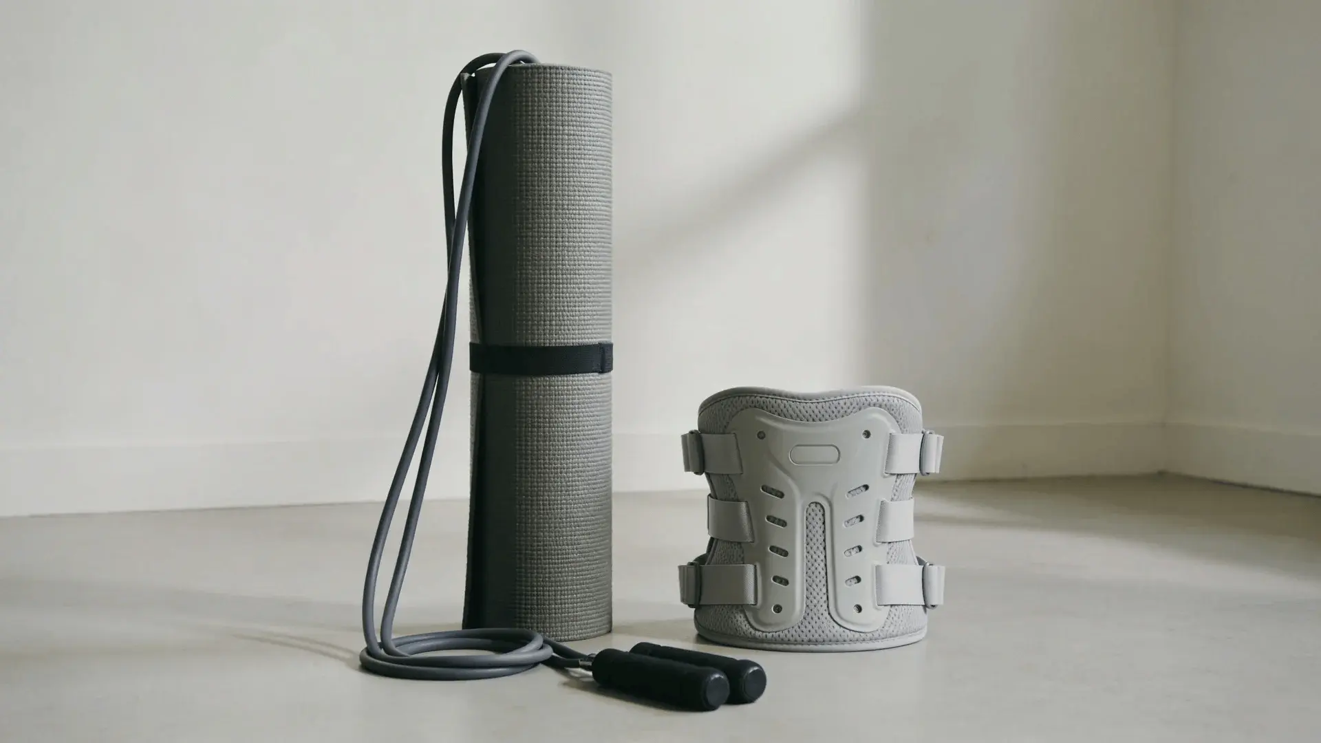 Yoga mat, resistance bands, and posture brace placed on indoor floor