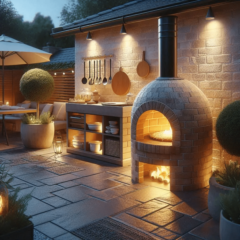 A cozy modern backyard patio featuring a compact brick tandoor oven glowing with warm heat, soft evening lighting, small-space outdoor kitchen setup, realistic textures, inviting atmosphere, energy-efficient cooking concept, high detail, photorealistic