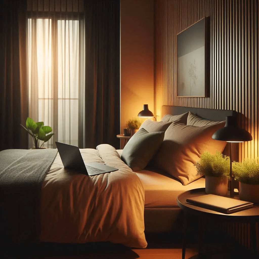 A cozy, modern bedroom designed for a remote tech worker, featuring soft evening lighting, a neatly made bed with breathable bedding, a laptop closed on a side table, blackout curtains, a small plant, and a calm, minimalist vibe that suggests winding down after a long day.