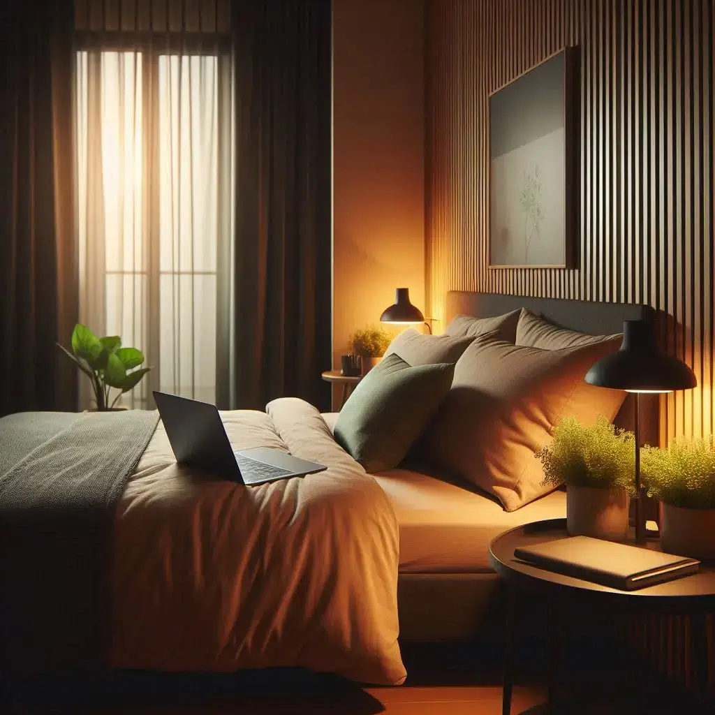 A cozy, modern bedroom designed for a remote tech worker, featuring soft evening lighting, a neatly made bed with breathable bedding, a laptop closed on a side table, blackout curtains, a small plant, and a calm, minimalist vibe that suggests winding down after a long day.