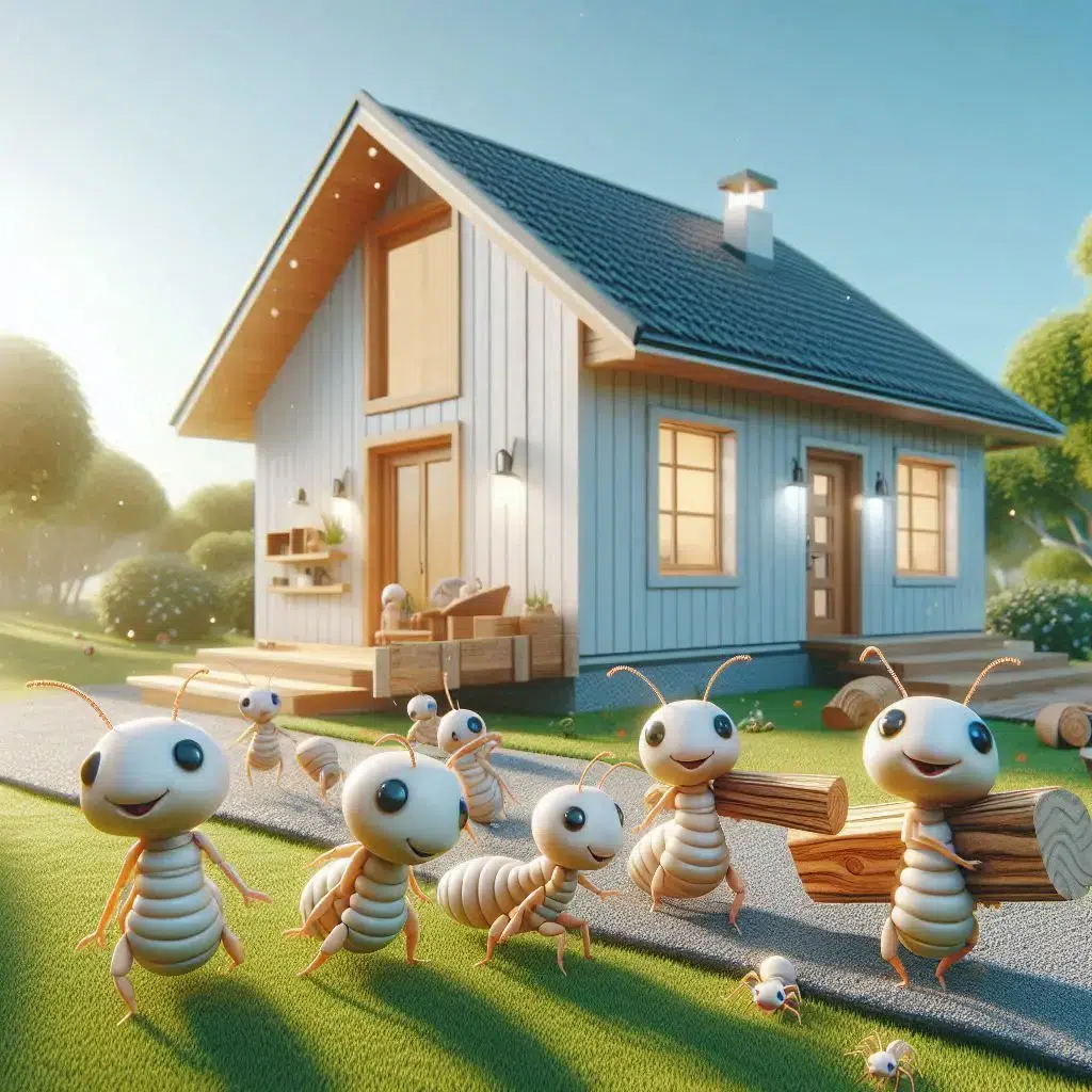 a family of termites moving into a prefab home