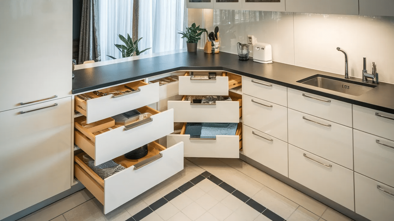 angled corner drawers open in modern kitchen showing utensils and organized storage inside