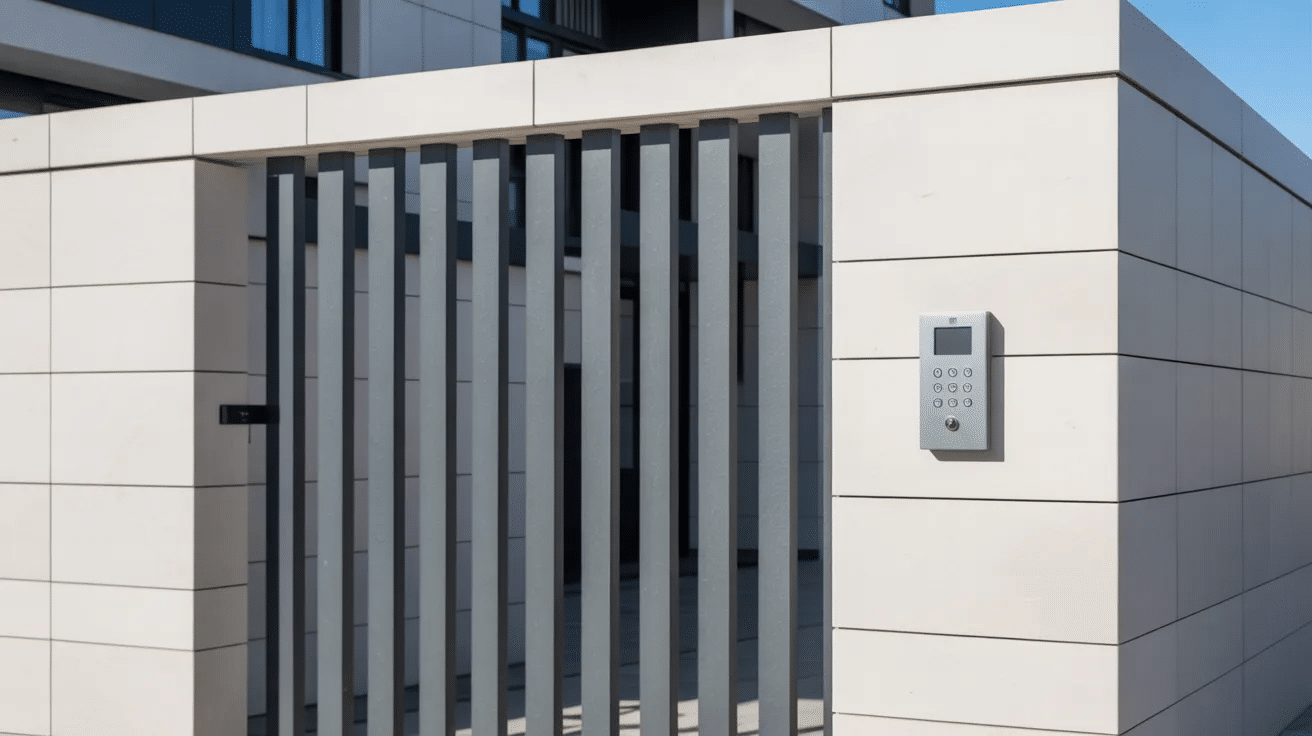 apartment gate security system with keypad and control hardware for managing building entry