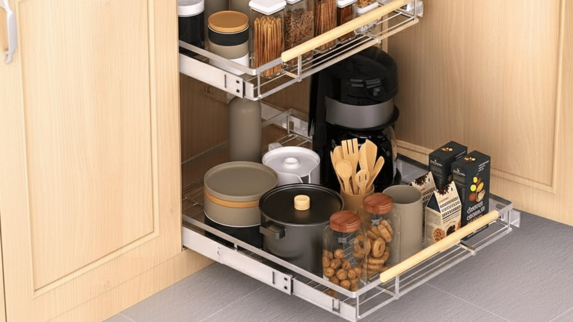 blind corner cabinet with sliding pull out shelves holding pots and mixing bowls in a modern kitchen