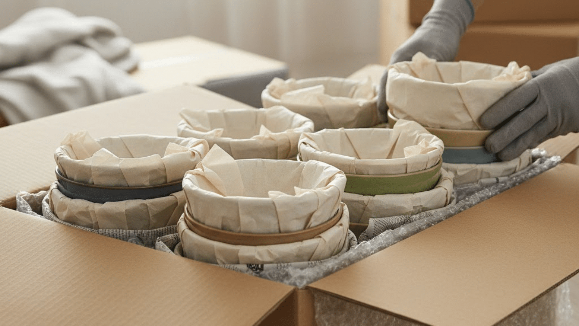 ceramic bowls stuffed with paper and wrapped securely inside a moving box with protective padding between layers