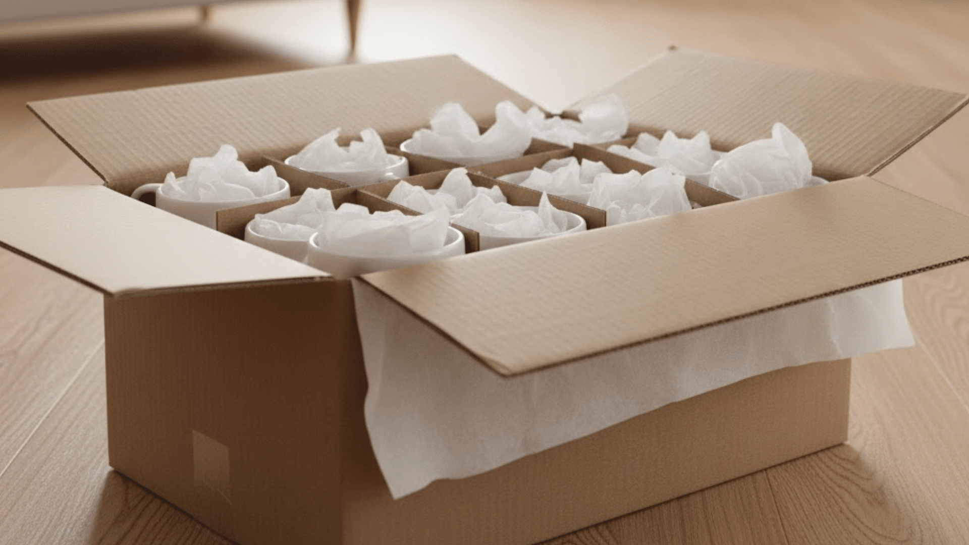 ceramic mugs wrapped in paper with extra padding around handles packed tightly inside a moving box