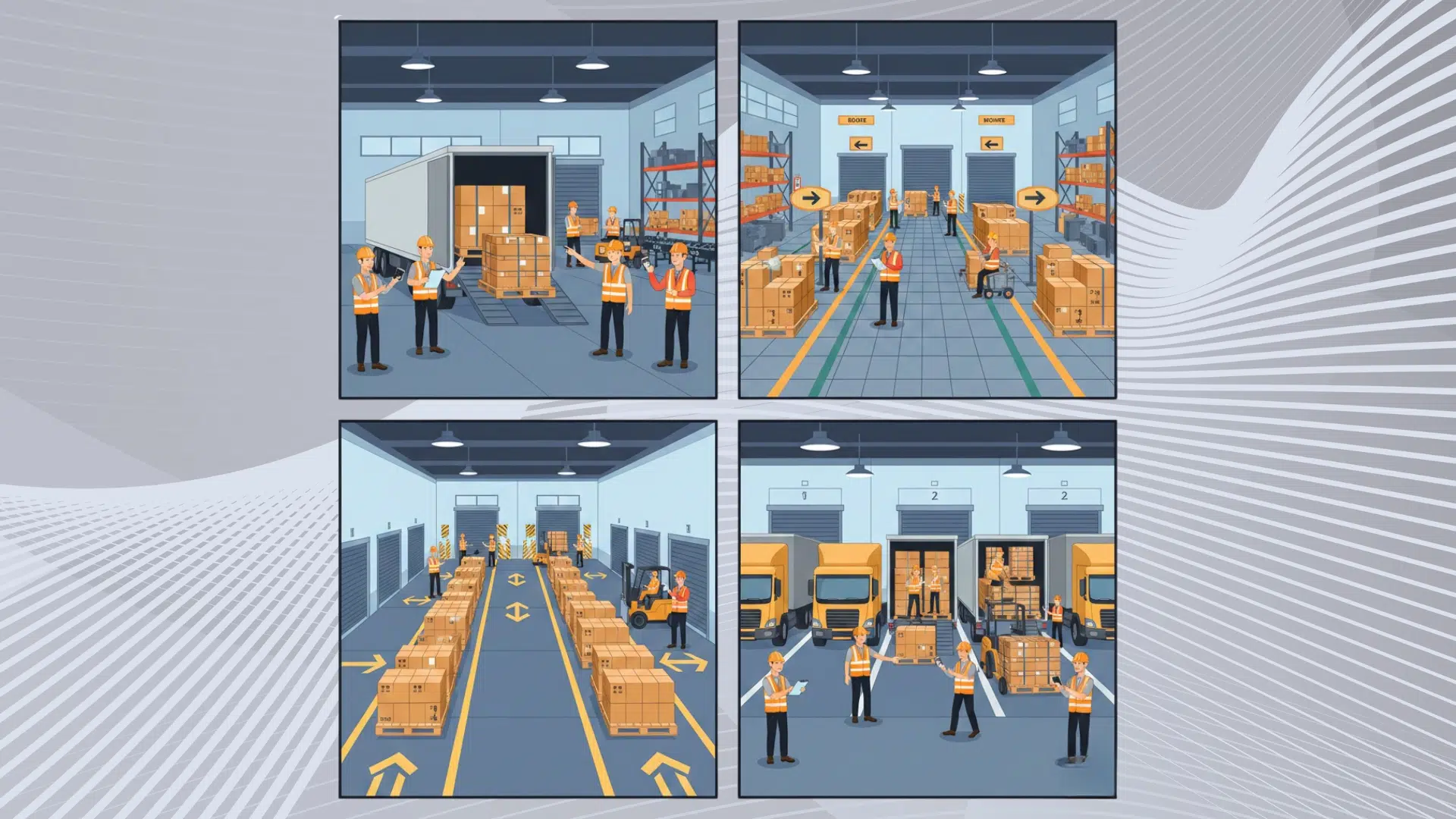 collage of cross docking warehouse process with trucks unloading, sorting pallets, staging lanes, and outbound loading docks