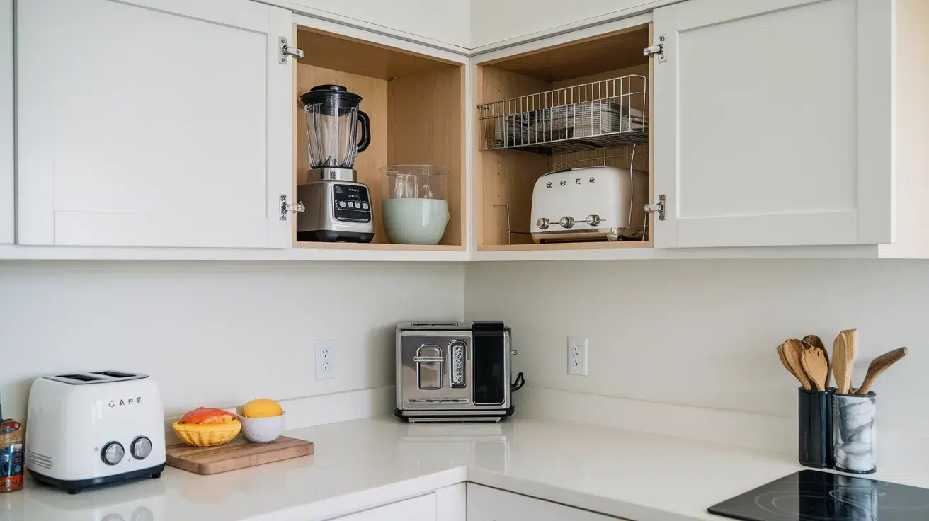 corner appliance garage cabinet storing blender and toaster with clutter free counter