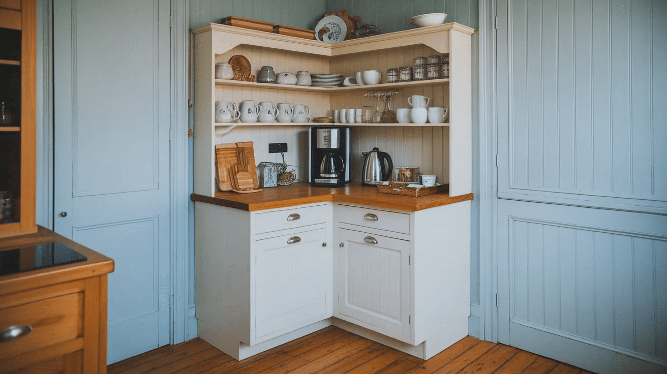 corner cabinet coffee station with mugs coffee maker and jars neatly arranged