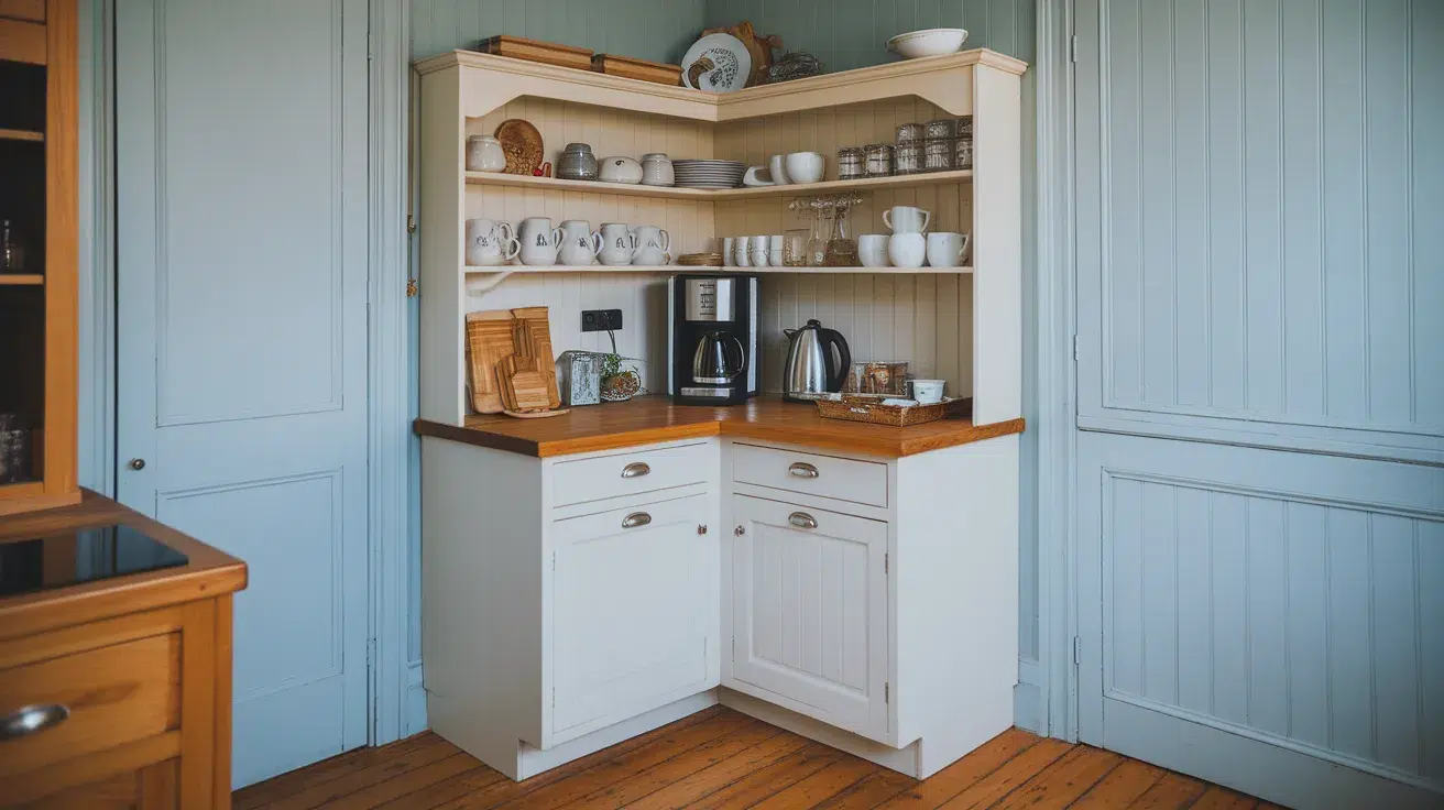 corner cabinet coffee station with mugs coffee maker and jars neatly arranged