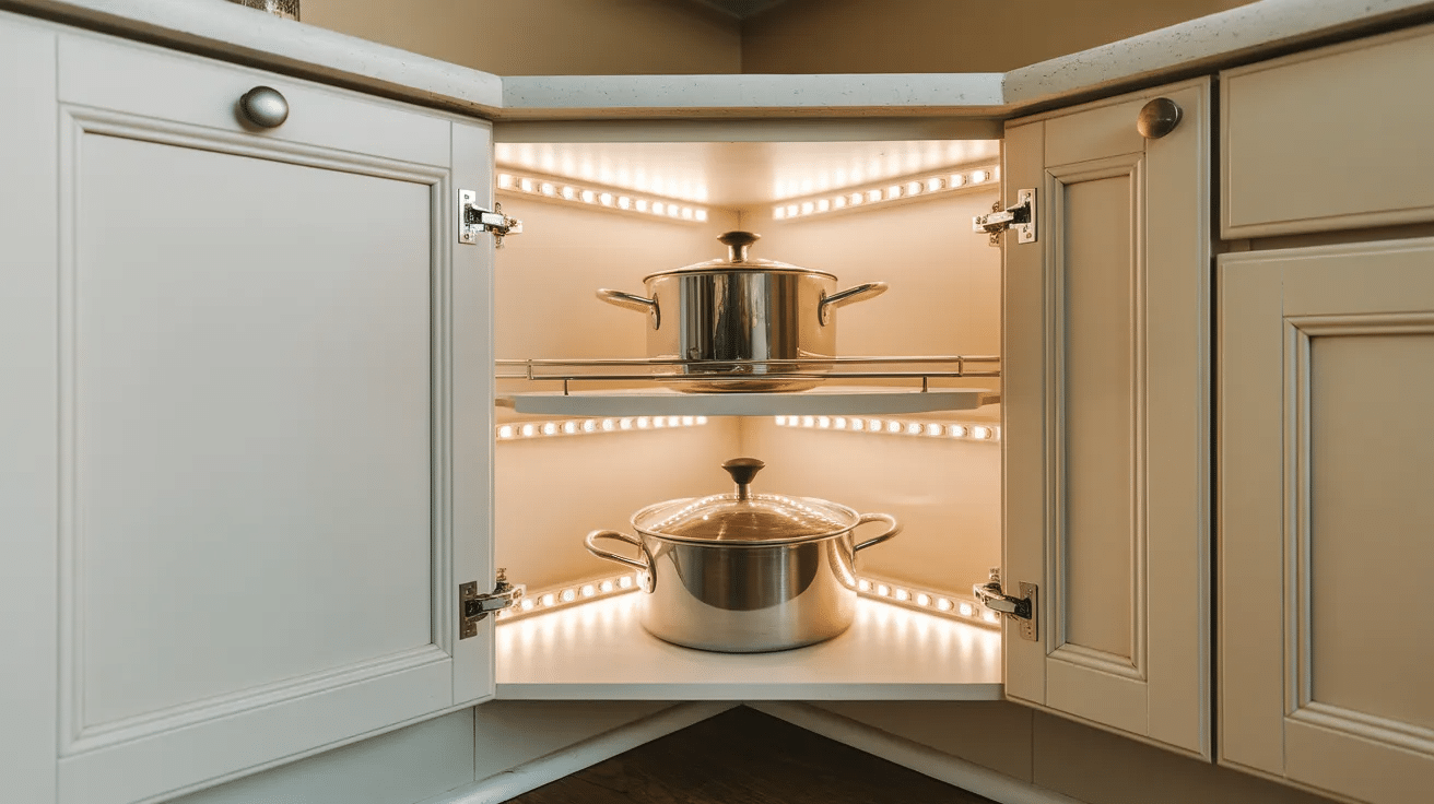 corner cabinet interior lit with led lights highlighting organized shelves and kitchen storage