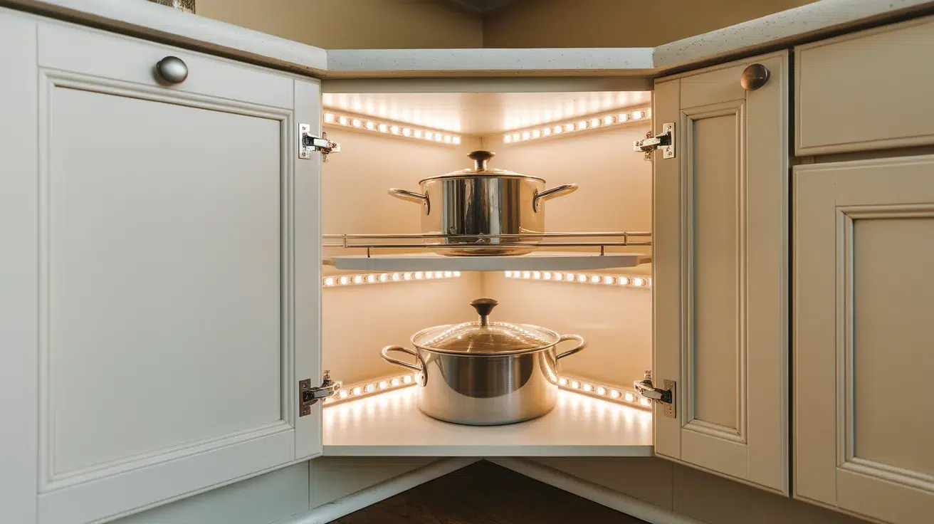 corner cabinet interior lit with led lights highlighting organized shelves and kitchen storage