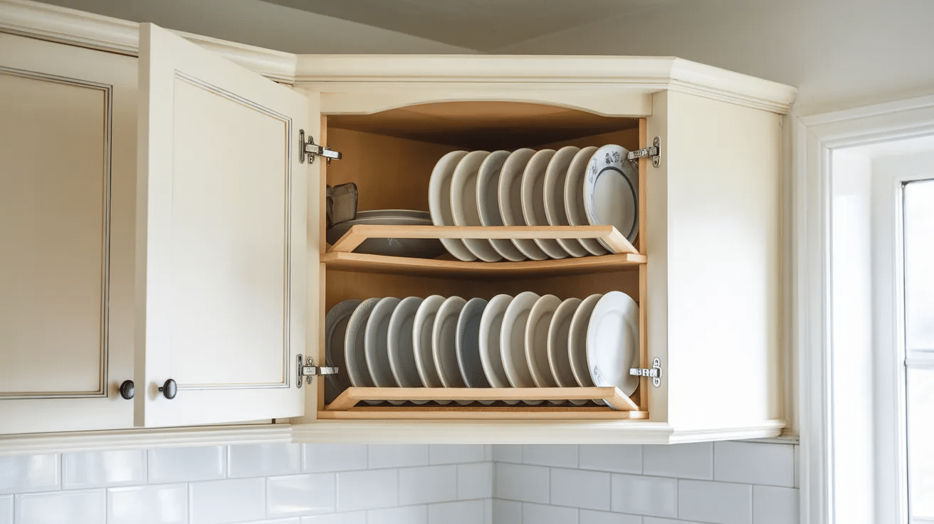 corner cabinet interior with vertical plate rack storing dishes upright