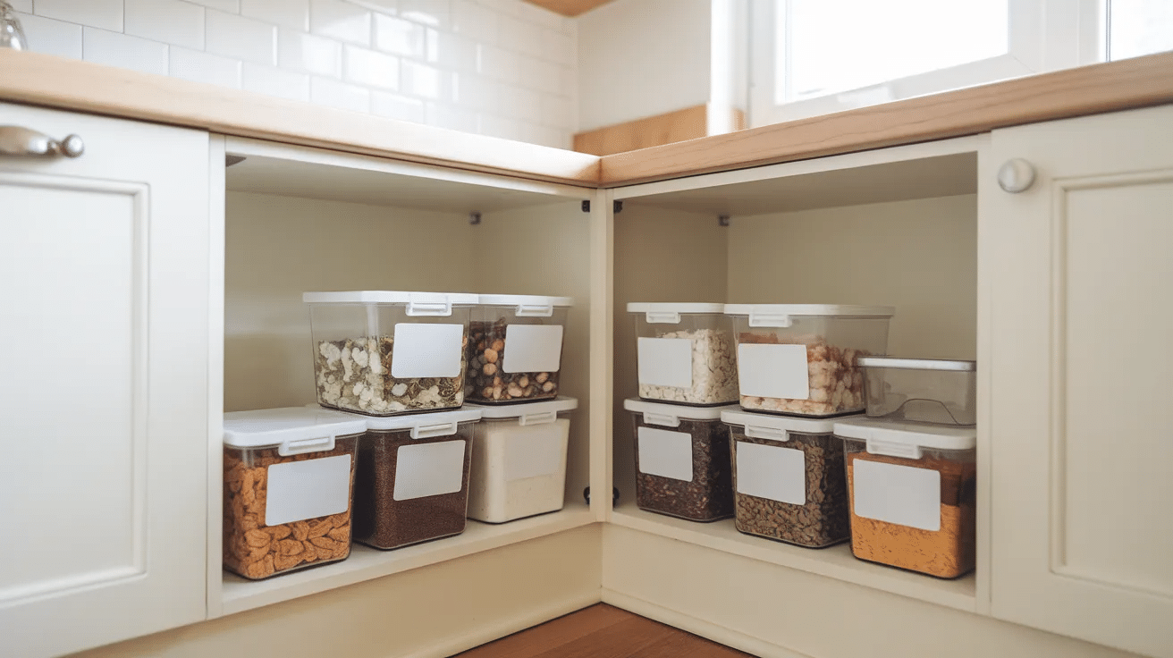 corner cabinet organized with labeled bins and food containers in pantry style storage