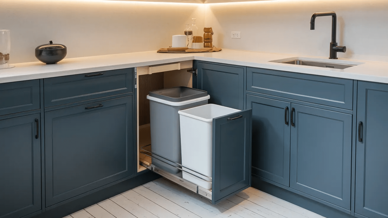 corner cabinet pull out trash and recycling bins hidden inside a modern kitchen cabinet
