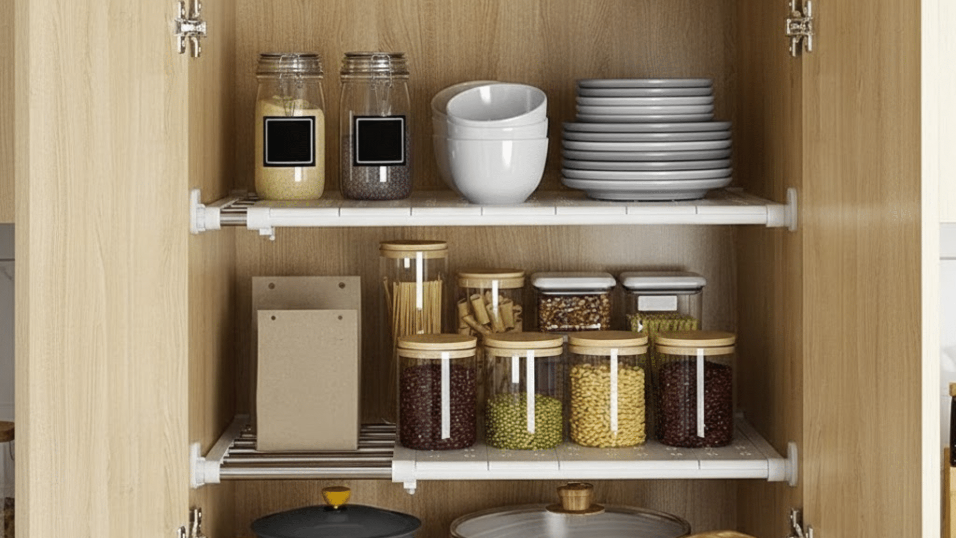 corner cabinet with adjustable shelves organizing jars and glasses efficiently