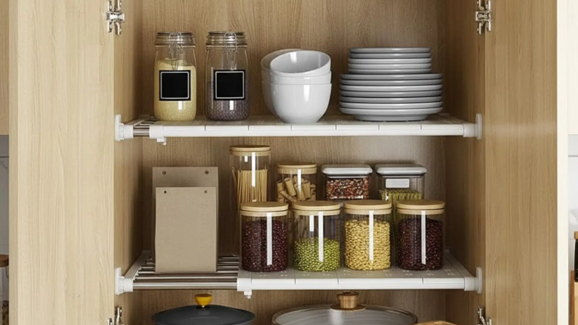 corner cabinet with adjustable shelves organizing jars and glasses efficiently