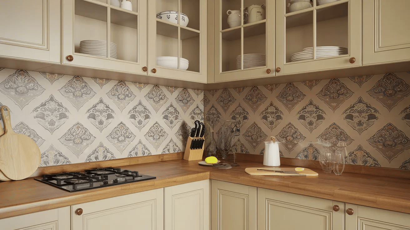 corner cabinet with decorative backing displaying dishes and serving pieces