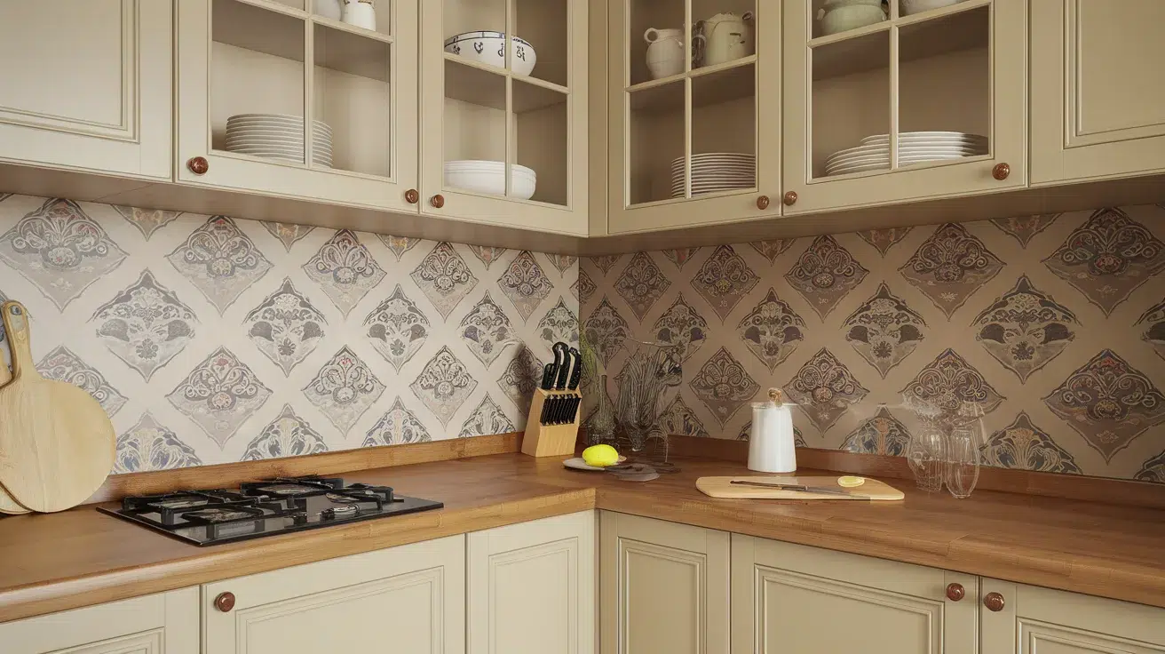 corner cabinet with decorative backing displaying dishes and serving pieces