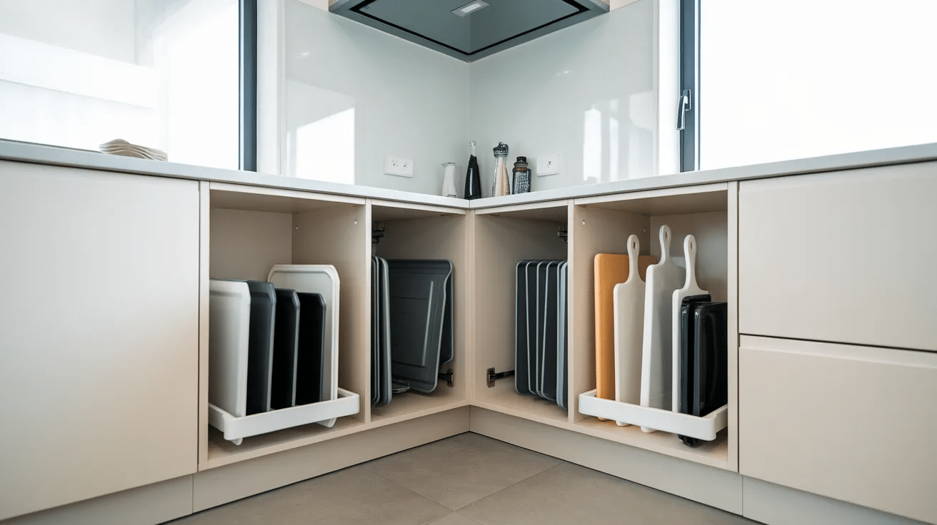 corner cabinet with vertical dividers organizing baking sheets and cutting boards upright
