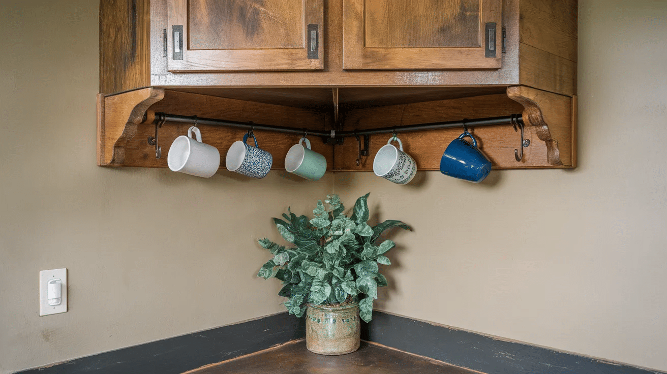 corner upper cabinet with hooks underneath holding mugs and kitchen tools