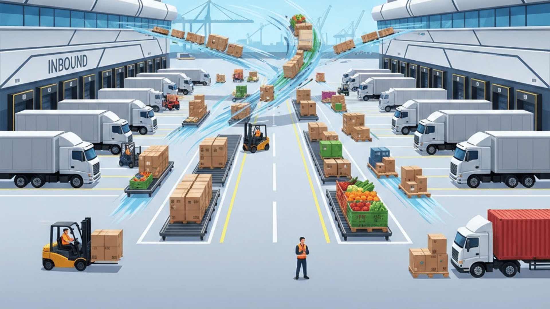 cross docking warehouse with inbound and outbound trucks, pallets moving quickly between docks, forklifts and sorting lanes in action