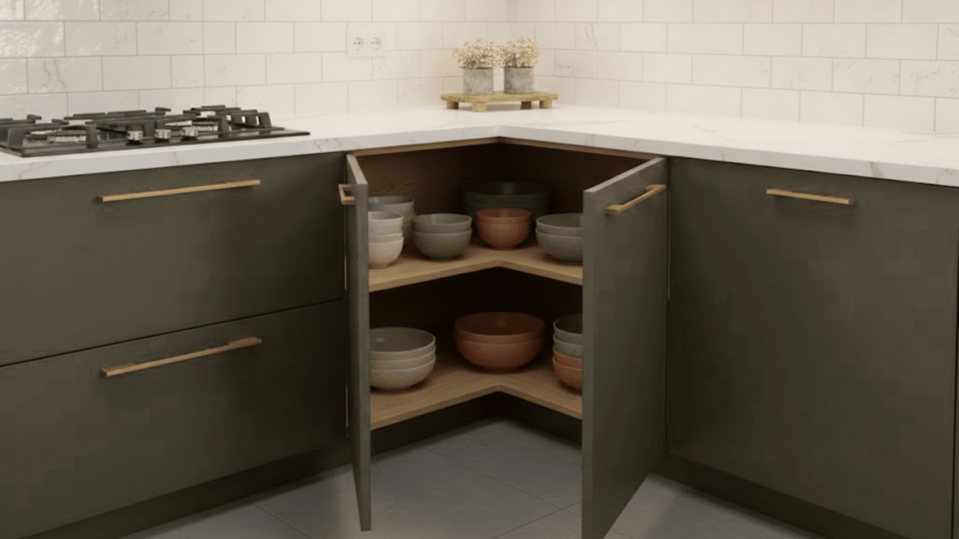 custom l shaped shelves inside blind corner cabinet maximizing storage space