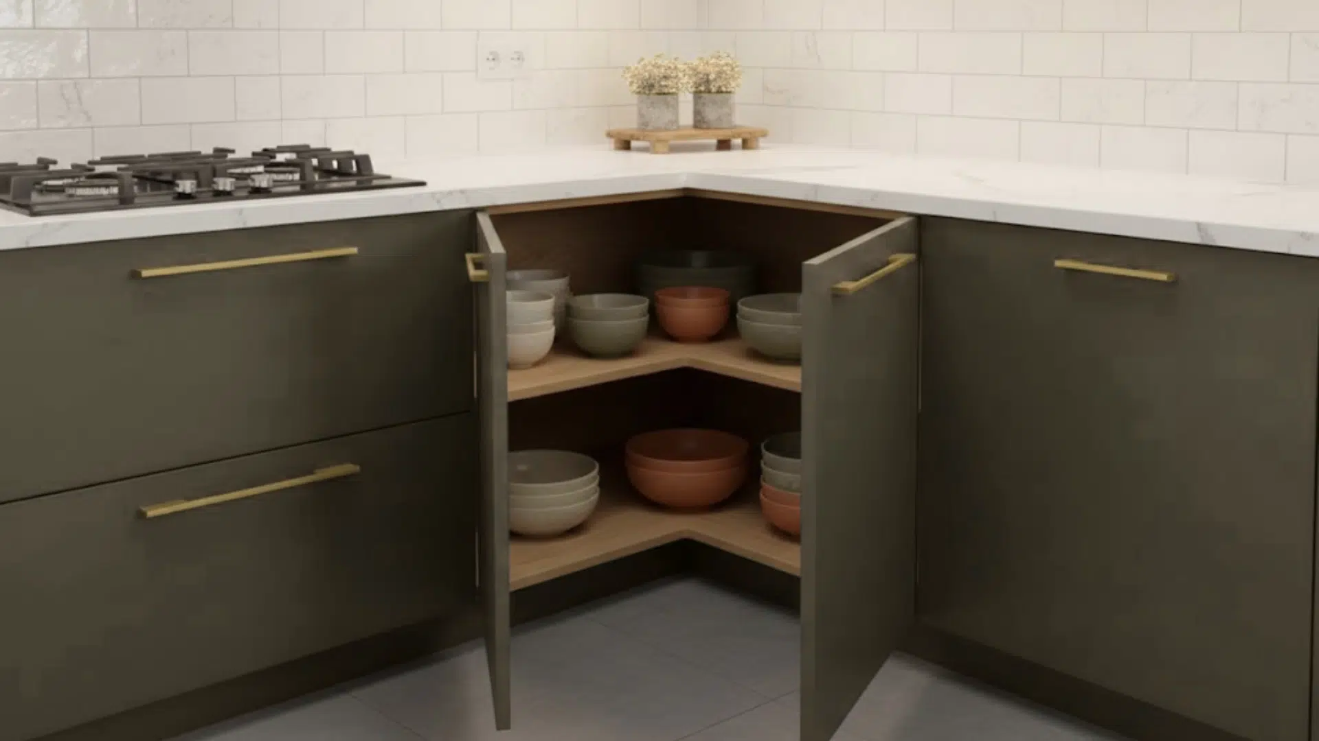 custom l shaped shelves inside blind corner cabinet maximizing storage space