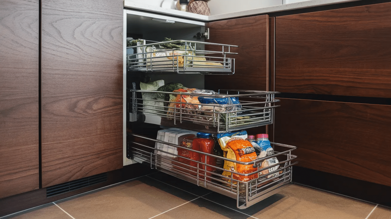deep pull out wire baskets inside corner cabinet holding vegetables and packaged food items