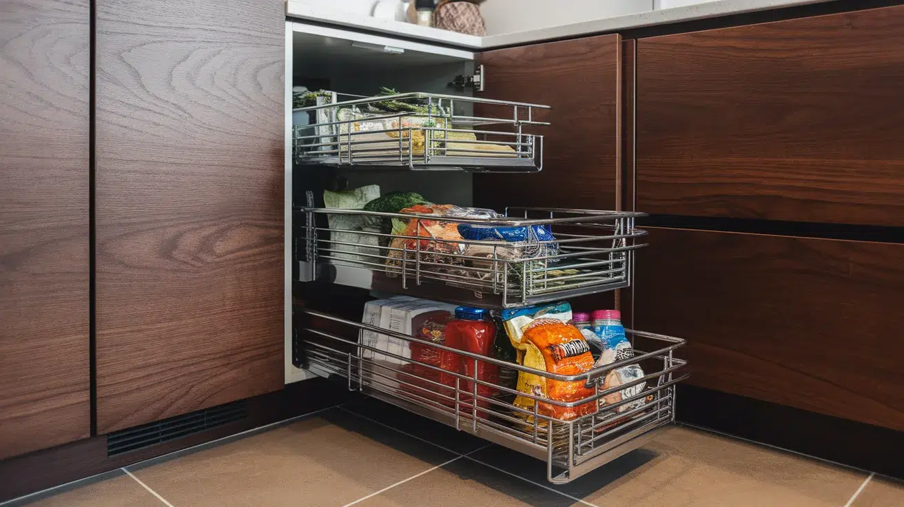 deep pull out wire baskets inside corner cabinet holding vegetables and packaged food items