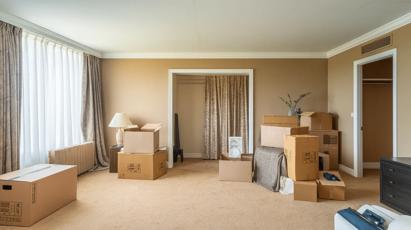 empty apartment living room with moving boxes stacked on carpet near window and open closet during move out process