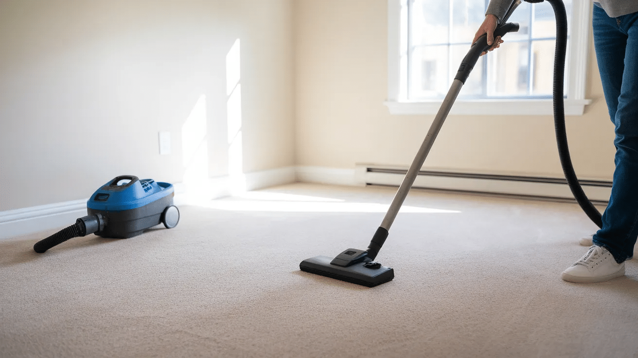 empty bedroom with person vacuuming carpet and wiping baseboards