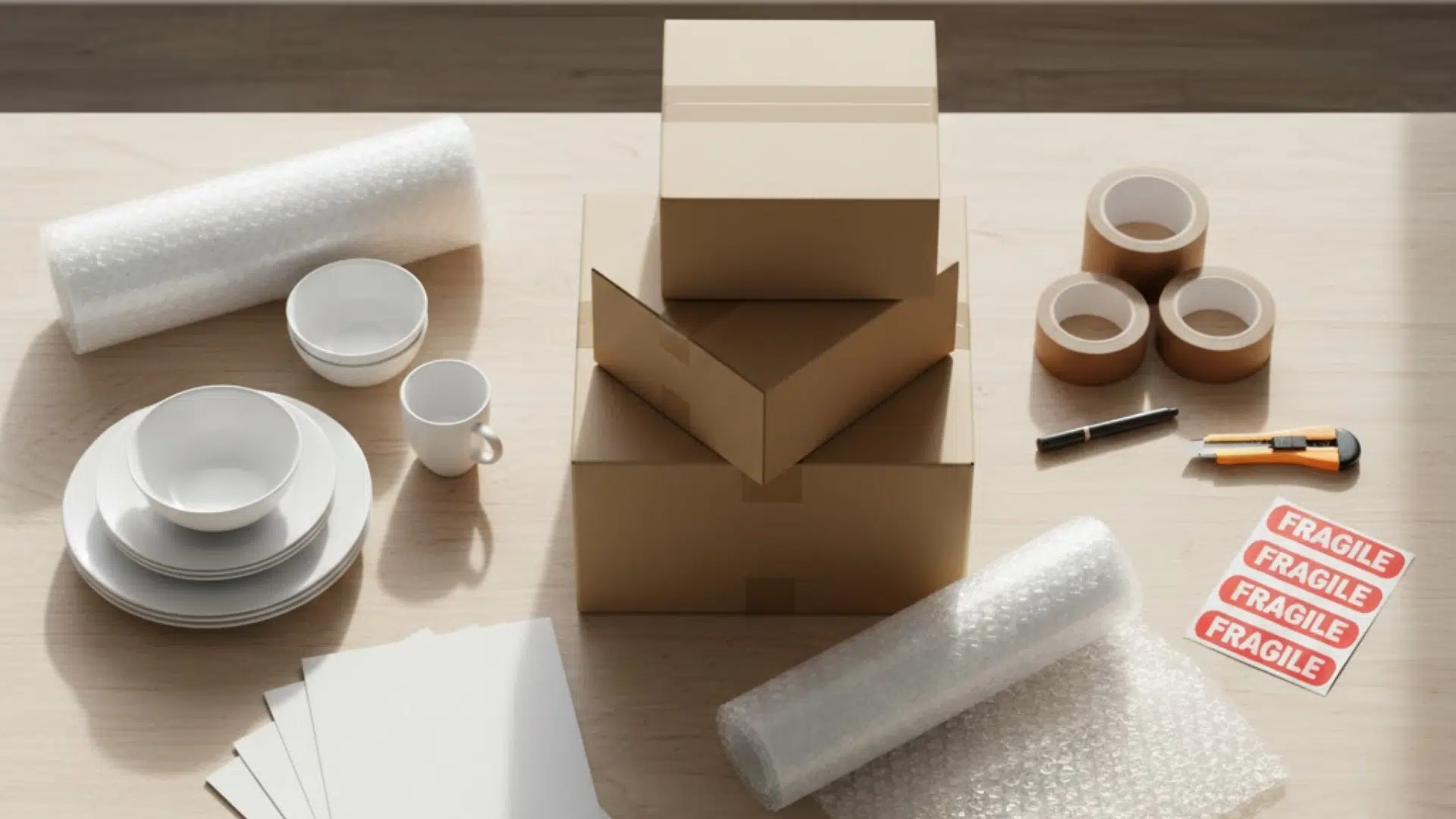 essential moving supplies including boxes, packing paper, bubble wrap, tape, marker, and fragile labels arranged neatly on table