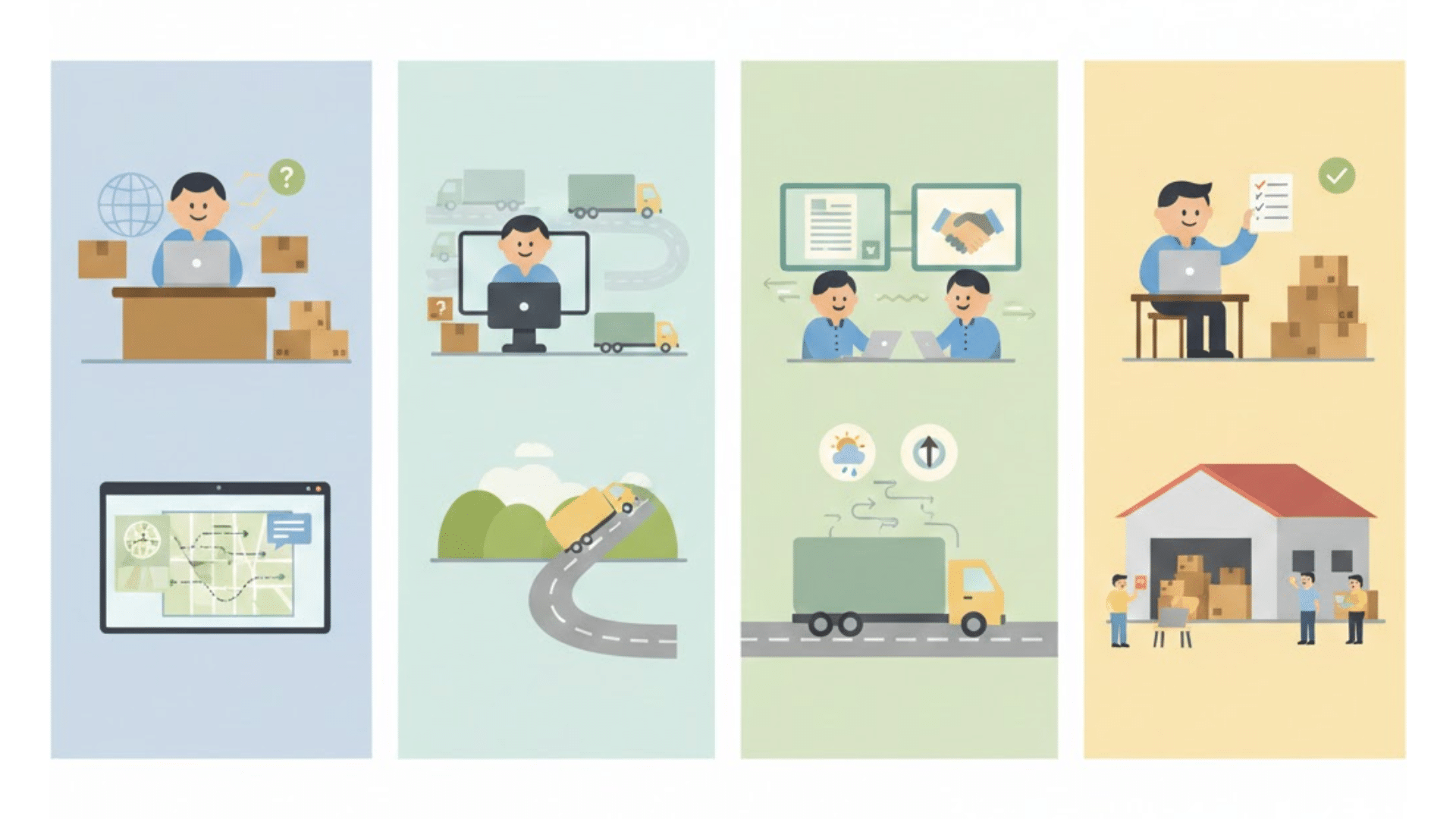 flat illustration shows freight brokerage steps from load details and carrier matching to booking, tracking, and final warehouse delivery