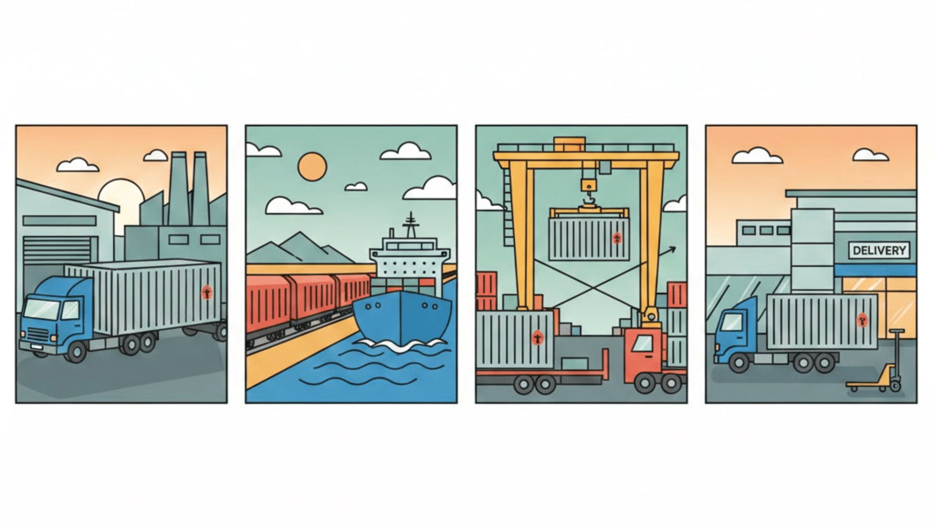 four panel illustration showing intermodal transport from factory pickup to ship and rail transfer, then final truck delivery