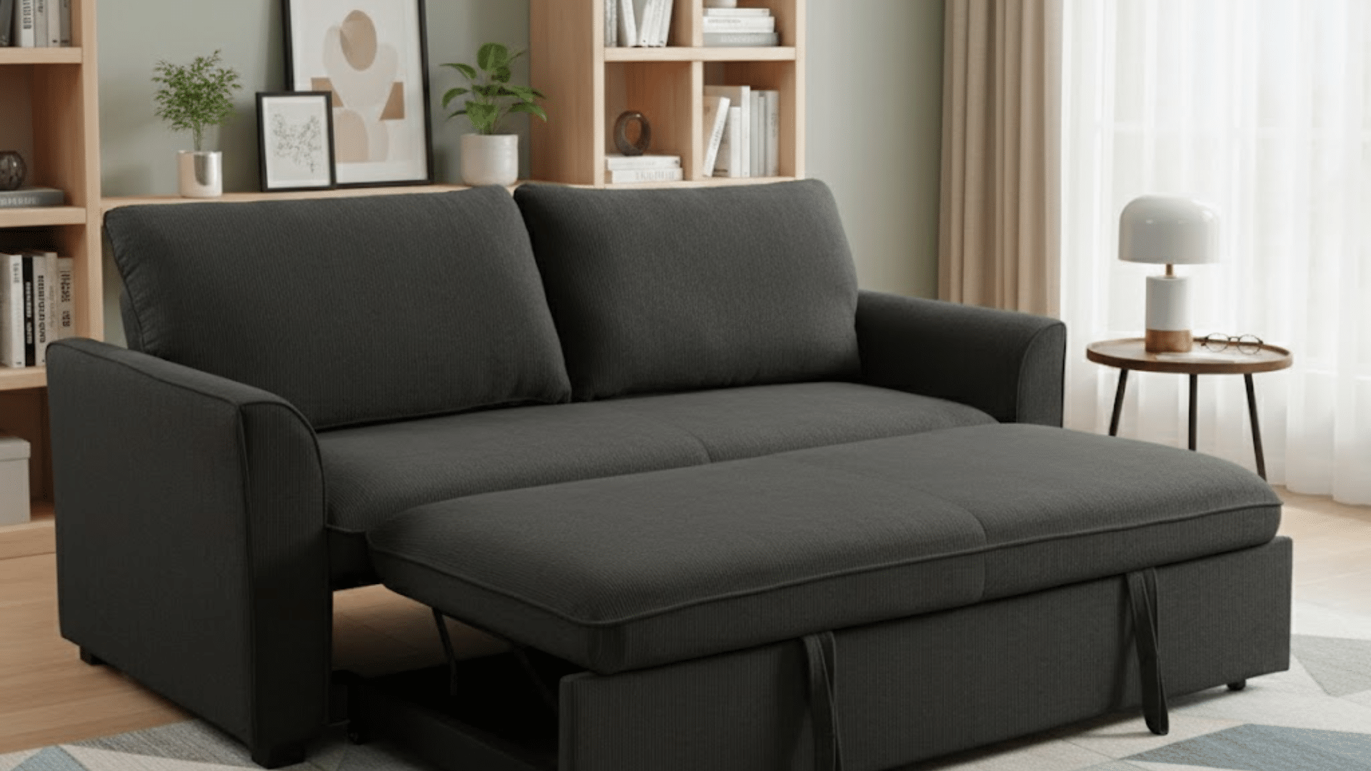 futon-style sofa bed folded flat into a sleeping position in a simple living room with clean modern furniture