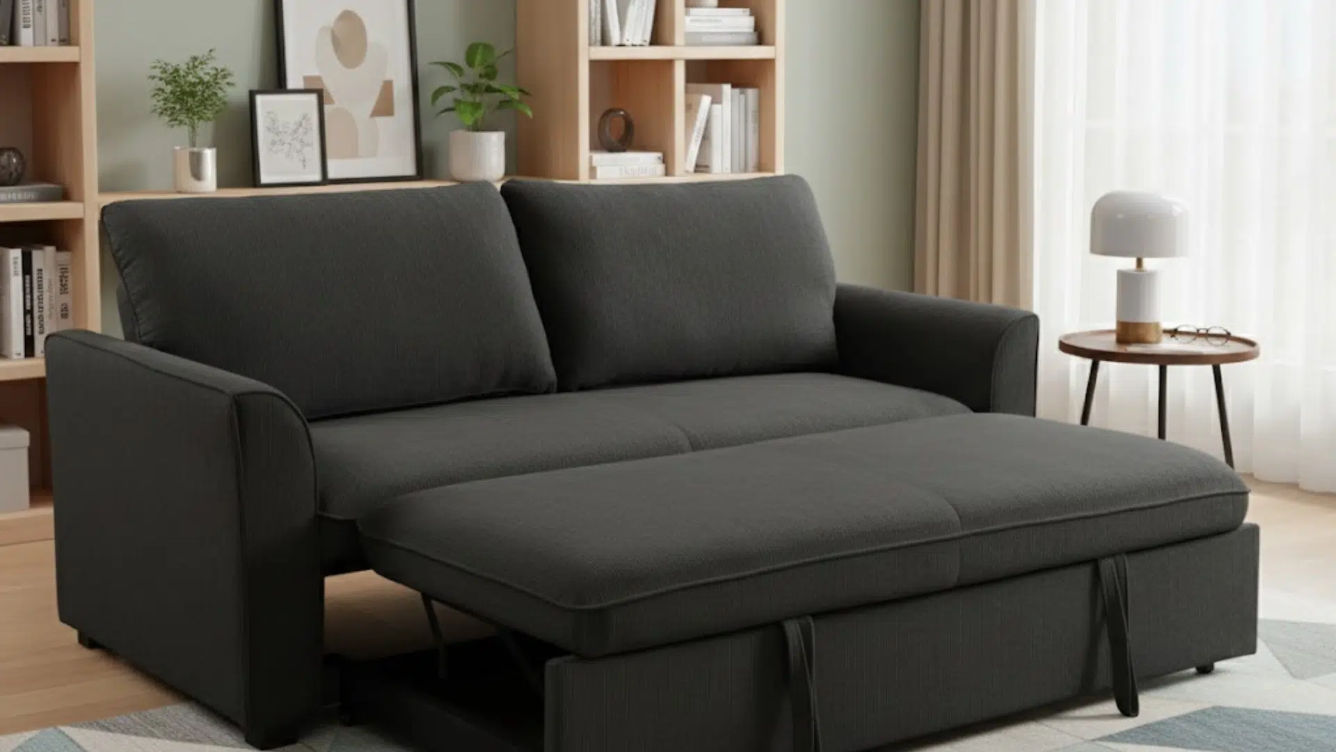 futon-style sofa bed folded flat into a sleeping position in a simple living room with clean modern furniture