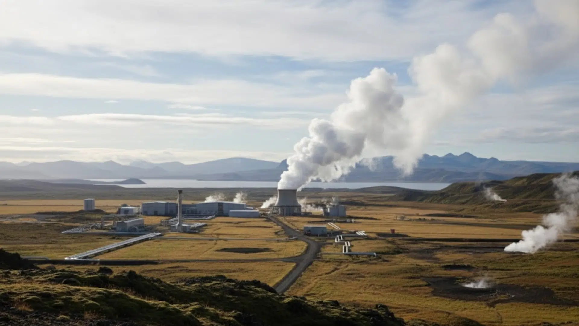 geothermal power plant releasing steam in a wide open landscape with mountains and a lake in the background