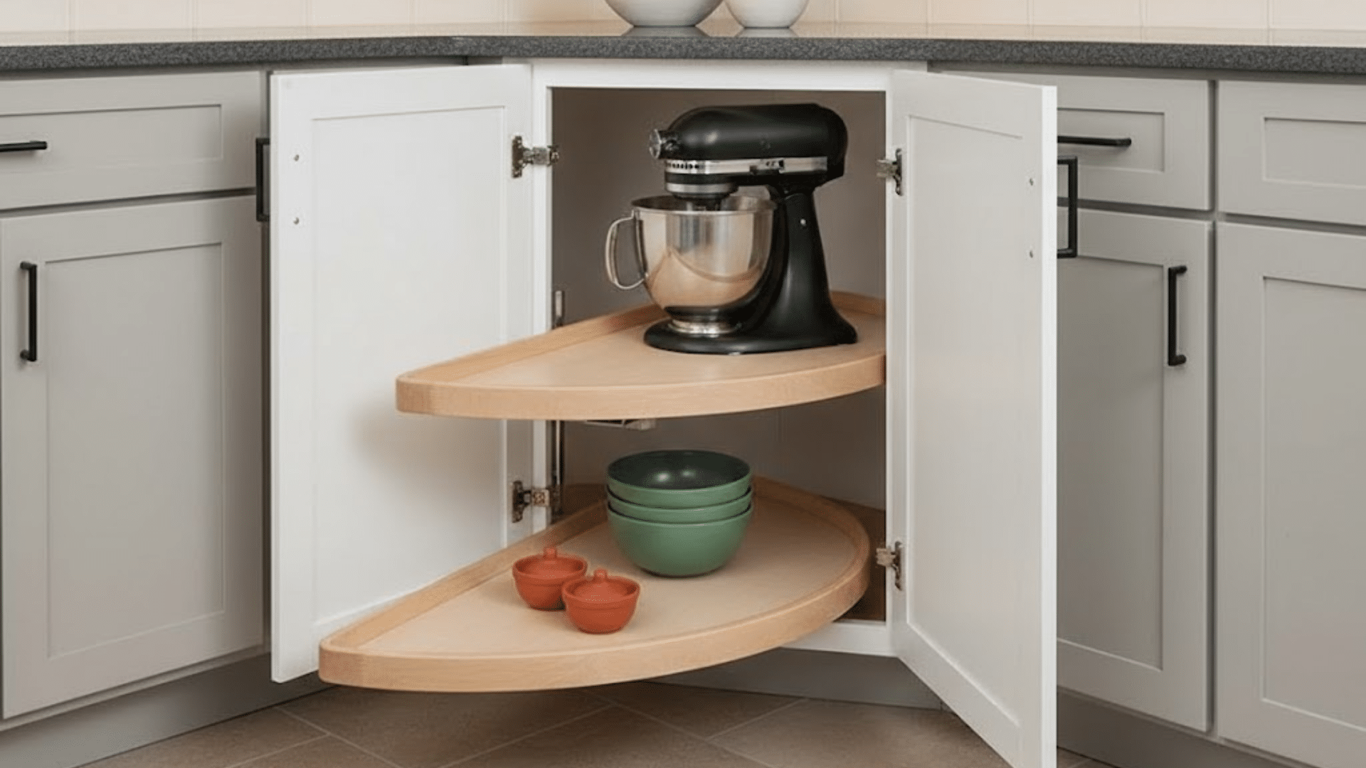 half moon pull out shelves in blind corner cabinet holding pots and pans