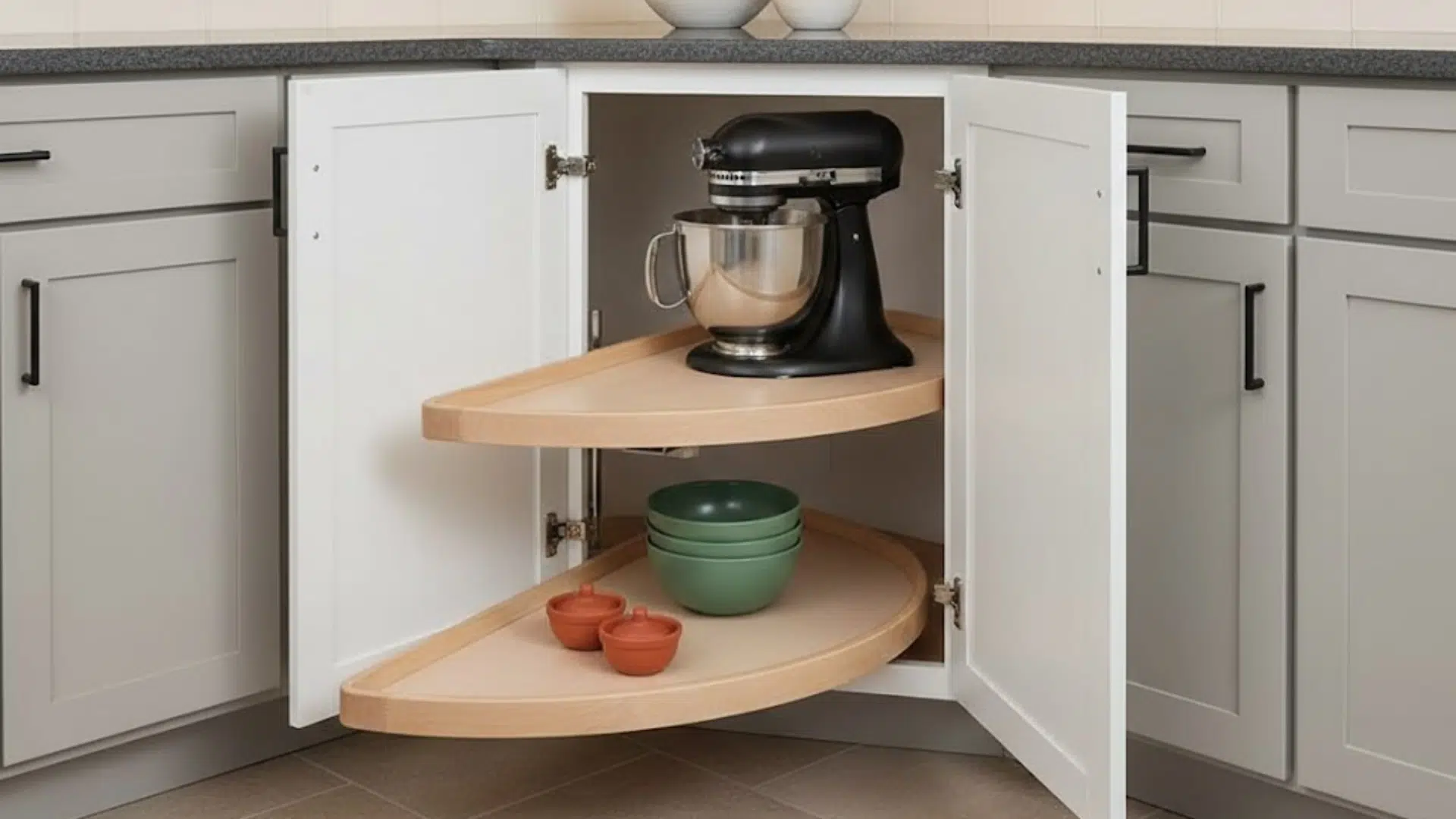 half moon pull out shelves in blind corner cabinet holding pots and pans