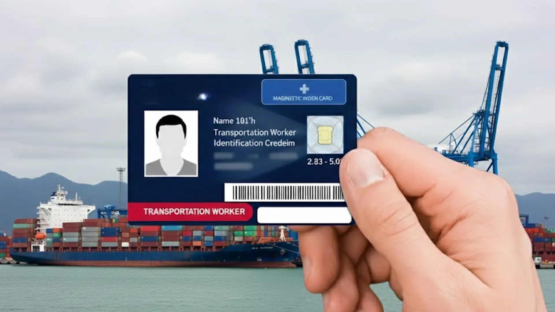 hand holding a tsa twic card in front of cargo ships and port cranes, showing secure maritime worker identification