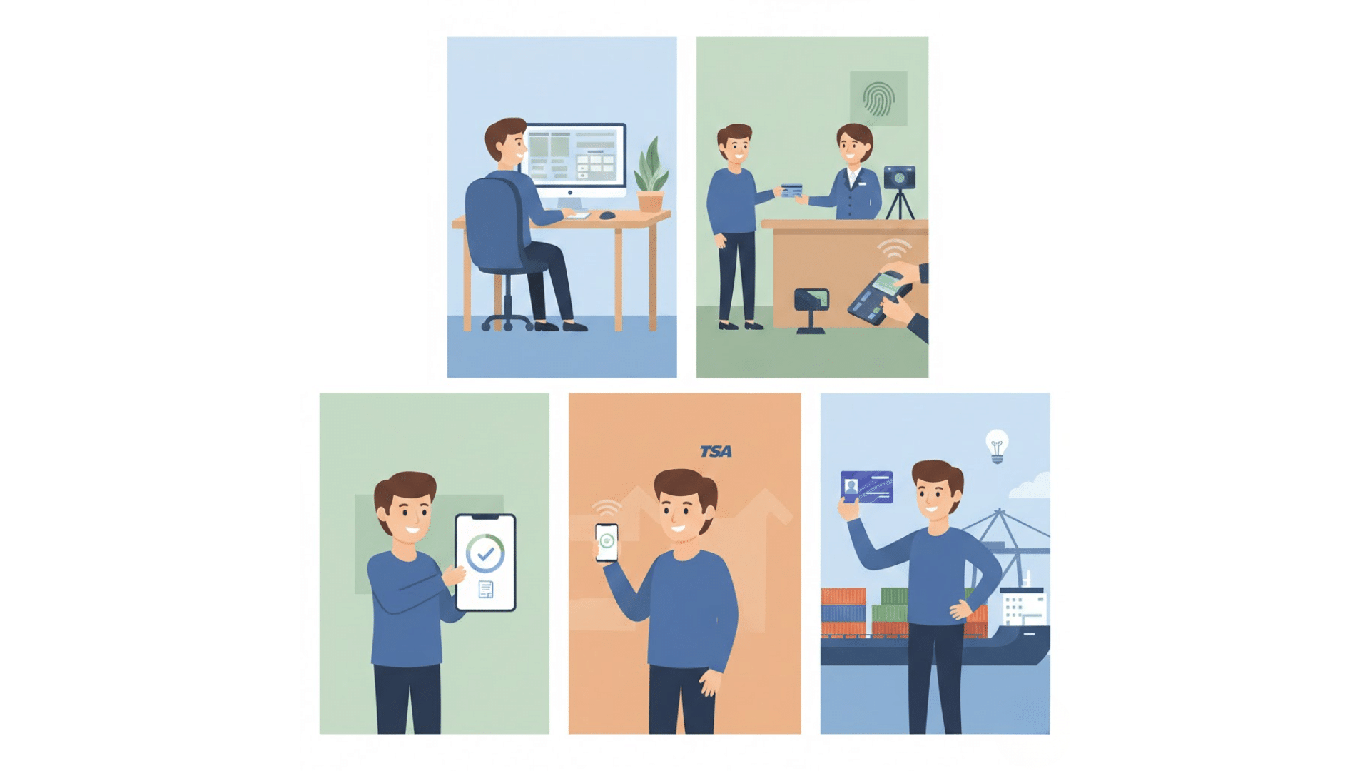 illustrated collage showing steps to apply for a twic card, from online form and enrollment visit to approval and port access