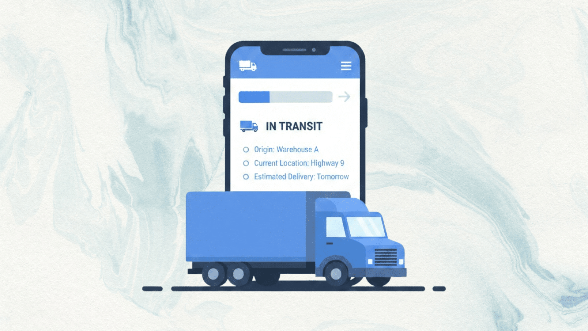 illustration of a blue delivery truck in front of a smartphone screen showing in transit shipment tracking status and delivery details