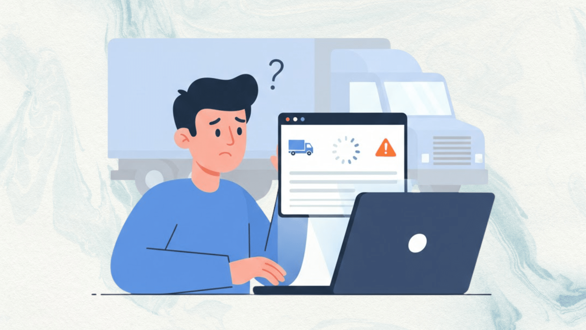 illustration of a confused man checking shipment tracking on a laptop with delivery truck and warning icon in background
