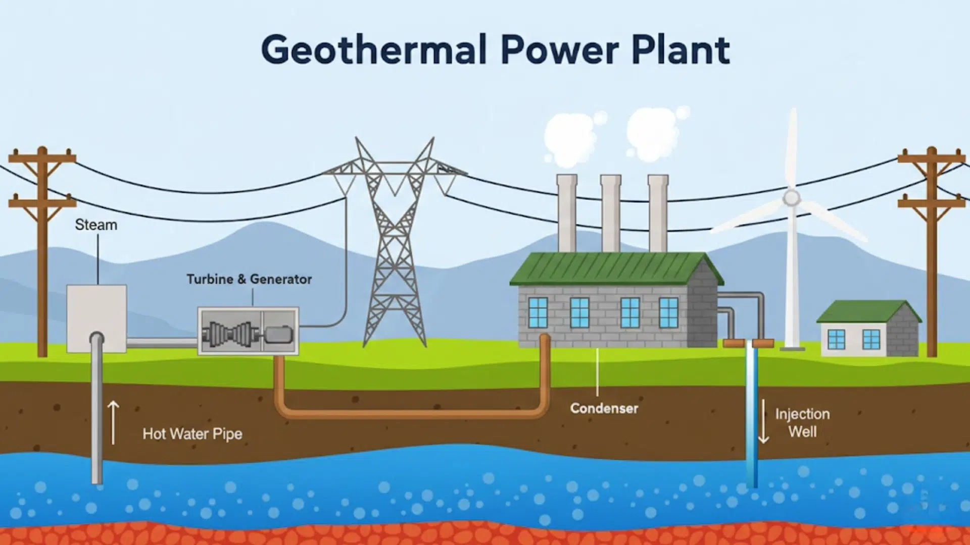 illustration of a geothermal power plant diagram showing steam, turbine and generator, condenser, hot water pipe, and injection well