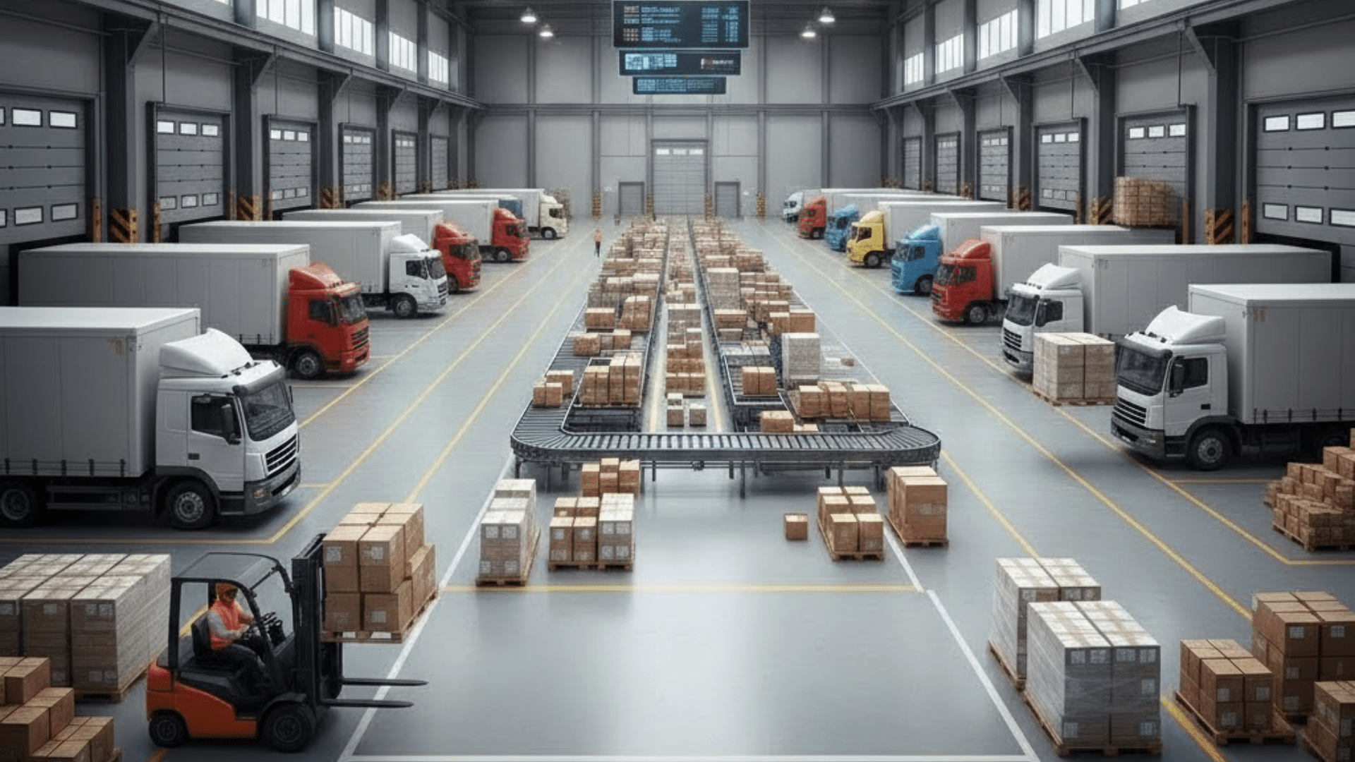 large cross docking warehouse interior with trucks at dock doors, central conveyor line, pallets staged, and forklift moving freight