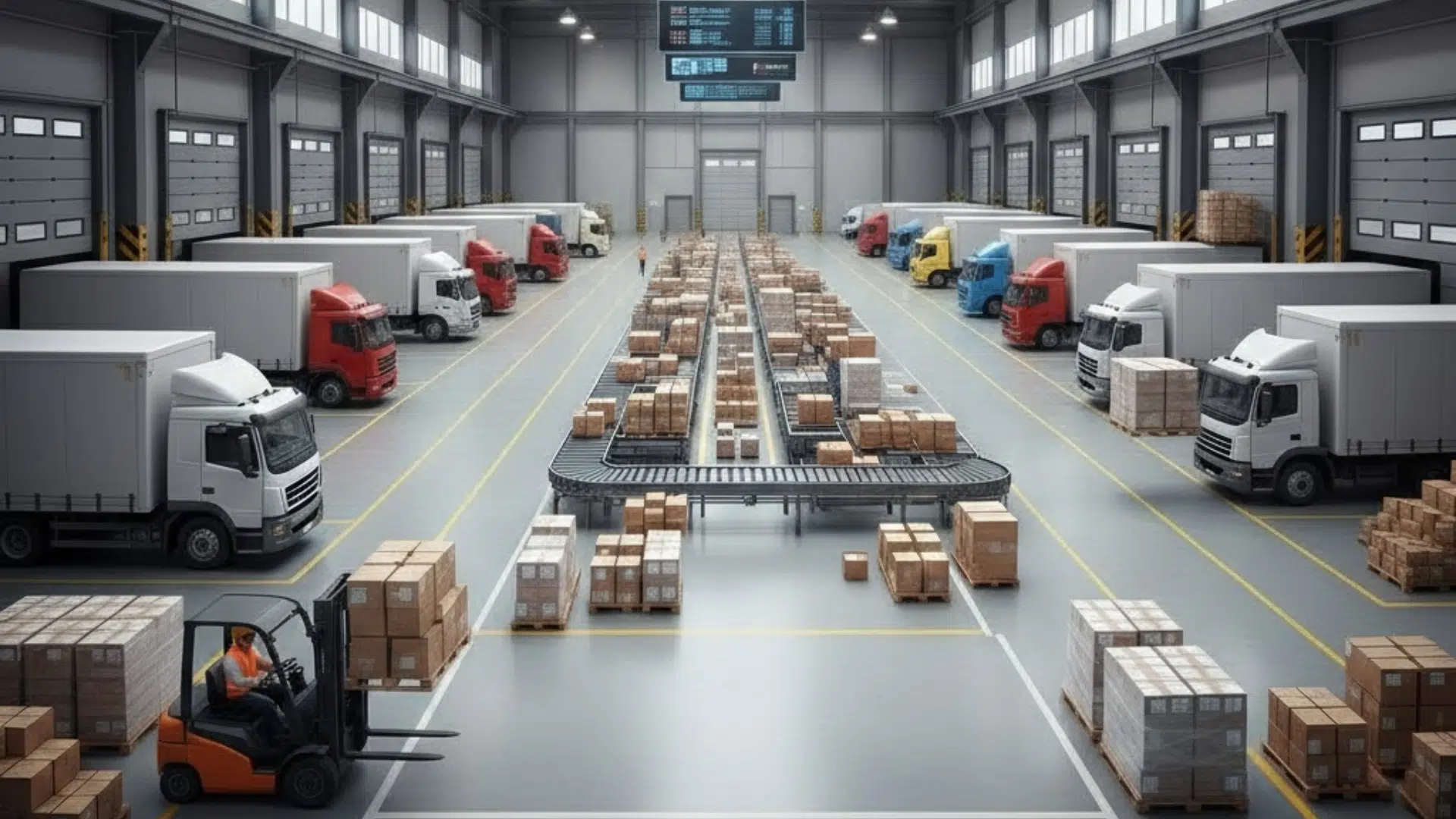 large cross docking warehouse interior with trucks at dock doors, central conveyor line, pallets staged, and forklift moving freight