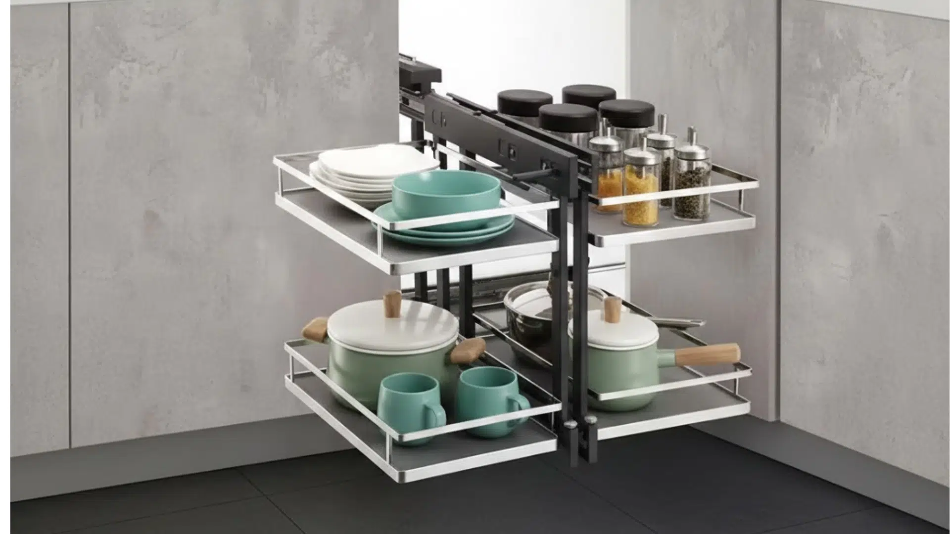 magic corner pull out system extended from blind corner cabinet with metal baskets and cookware