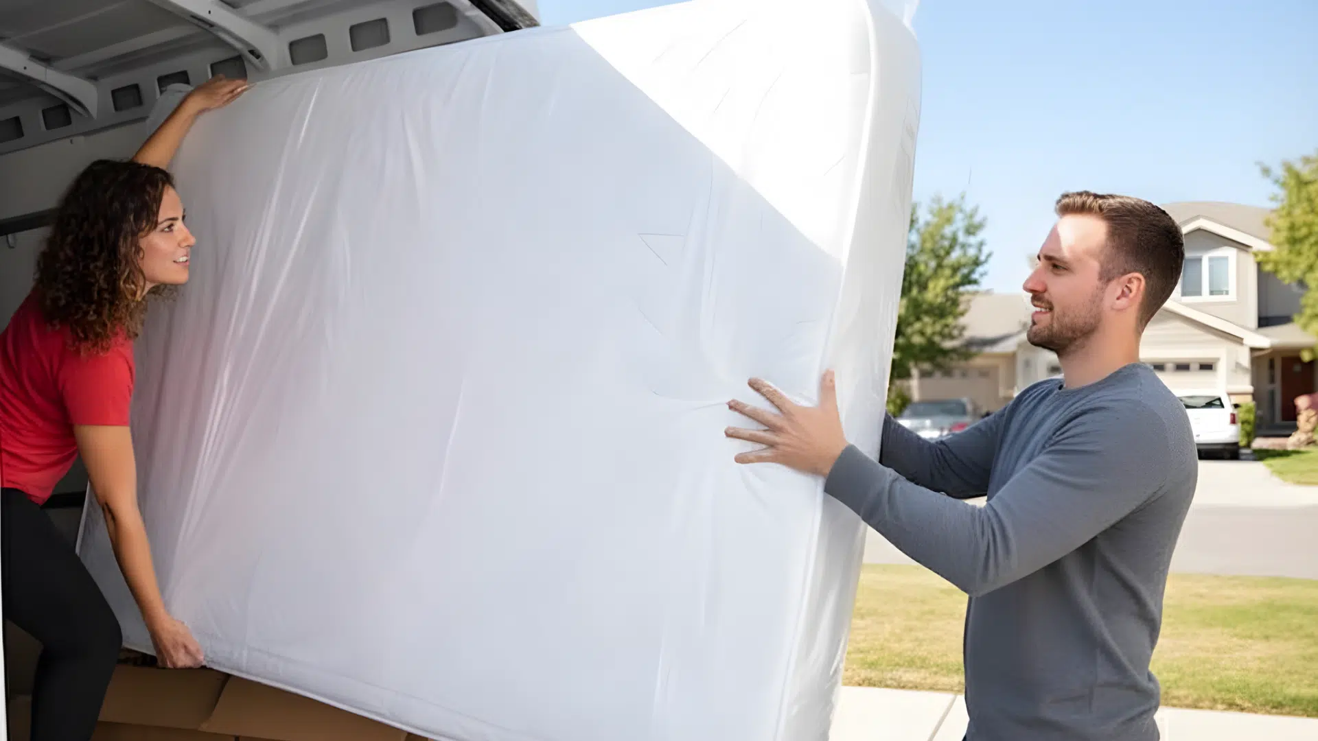 man and woman lifting a wrapped mattress out of a moving truck in a suburban neighborhood